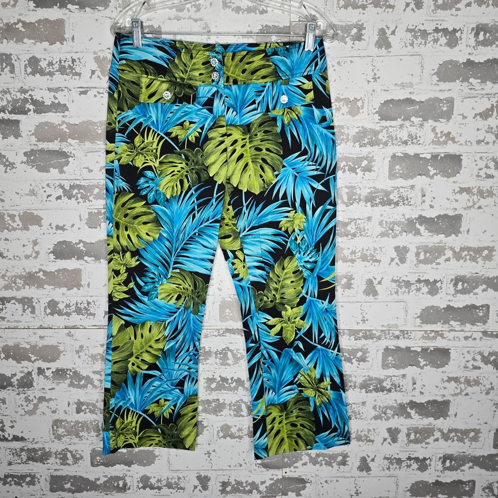 Cache Pants Womens 6 Tropical Print Cropped Cotton Stretch Jewel Embellished